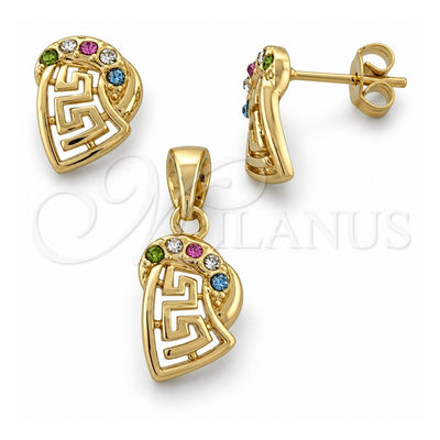 Oro Laminado Earring and Pendant Adult Set, Gold Filled Style Greek Key Design, with White Crystal, Polished, Golden Finish, 10.91.0036