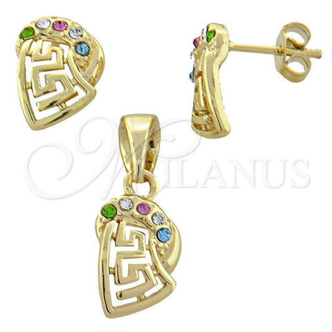 Oro Laminado Earring and Pendant Adult Set, Gold Filled Style Greek Key Design, with White Crystal, Polished, Golden Finish, 10.91.0036