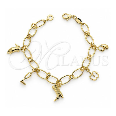 Oro Laminado Charm Bracelet, Gold Filled Style Apple and Shoes Design, Diamond Cutting Finish, Golden Finish, 5.021.010.1 (08 MM Thickness, 7 Inches Length)
