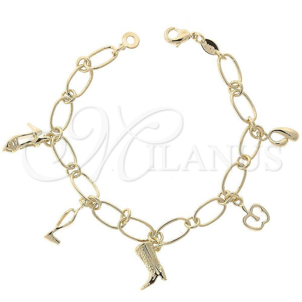 Oro Laminado Charm Bracelet, Gold Filled Style Apple and Shoes Design, Diamond Cutting Finish, Golden Finish, 5.021.010.1 (08 MM Thickness, 7 Inches Length)