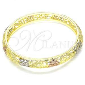 Gold Plated Individual Bangle, Heart Design, Diamond Cutting Finish, Tricolor, 03.53.0006.05 (13 MM Thickness, Size 5 (2.50 Diameter))