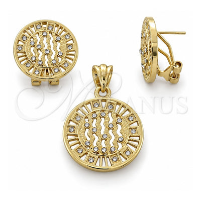 Oro Laminado Earring and Pendant Adult Set, Gold Filled Style with White Crystal, Polished, Golden Finish, 5.051.007