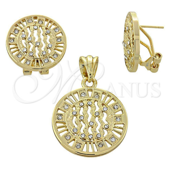 Oro Laminado Earring and Pendant Adult Set, Gold Filled Style with White Crystal, Polished, Golden Finish, 5.051.007