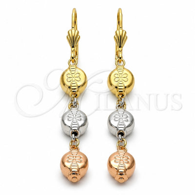 Oro Laminado Long Earring, Gold Filled Style Flower Design, Diamond Cutting Finish, Tricolor, 5.116.013