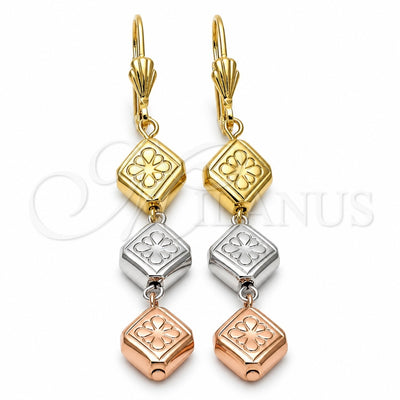 Oro Laminado Long Earring, Gold Filled Style Flower Design, Diamond Cutting Finish, Tricolor, 5.095.017
