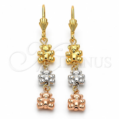 Oro Laminado Long Earring, Gold Filled Style Teddy Bear Design, Diamond Cutting Finish, Tricolor, 5.113.013