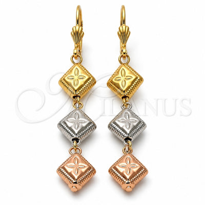 Oro Laminado Long Earring, Gold Filled Style Flower Design, Diamond Cutting Finish, Tricolor, 5.095.012