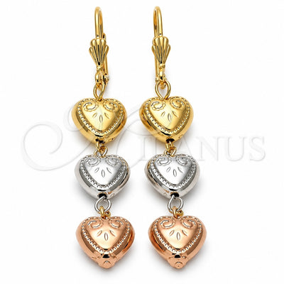 Oro Laminado Long Earring, Gold Filled Style Heart Design, Diamond Cutting Finish, Tricolor, 5.063.009