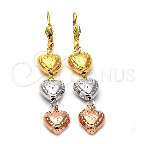 Oro Laminado Long Earring, Gold Filled Style Heart Design, Diamond Cutting Finish, Tricolor, 5.063.009