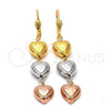 Oro Laminado Long Earring, Gold Filled Style Heart Design, Diamond Cutting Finish, Tricolor, 5.063.009