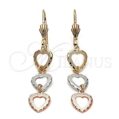 Oro Laminado Long Earring, Gold Filled Style Heart Design, Diamond Cutting Finish, Tricolor, 5.090.014 for wholesale, main product view