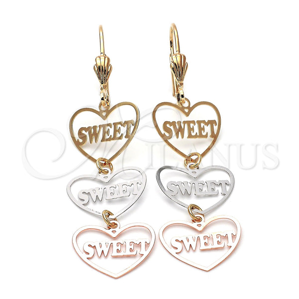Oro Laminado Long Earring, Gold Filled Style Heart Design, Polished, Tricolor, 5.113.016