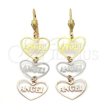 Oro Laminado Long Earring, Gold Filled Style Heart and Angel Design, Polished, Tricolor, 5.113.017 for wholesale, main product view