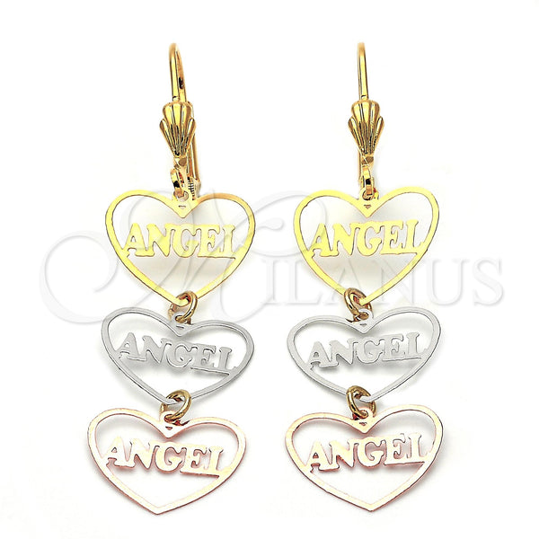 Oro Laminado Long Earring, Gold Filled Style Heart and Angel Design, Polished, Tricolor, 5.113.017