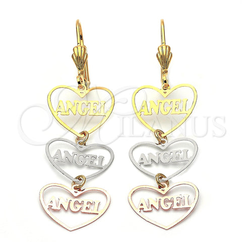 Oro Laminado Long Earring, Gold Filled Style Heart and Angel Design, Polished, Tricolor, 5.113.017