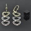 Oro Laminado Long Earring, Gold Filled Style Heart Design, Diamond Cutting Finish, Tricolor, 5.118.014