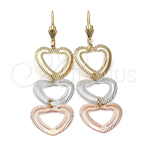 Oro Laminado Long Earring, Gold Filled Style Heart Design, Diamond Cutting Finish, Tricolor, 5.118.014