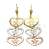 Oro Laminado Long Earring, Gold Filled Style Heart and Flower Design, Diamond Cutting Finish, Tricolor, 5.117.017
