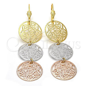 Oro Laminado Long Earring, Gold Filled Style Flower Design, Diamond Cutting Finish, Tricolor, 5.063.010