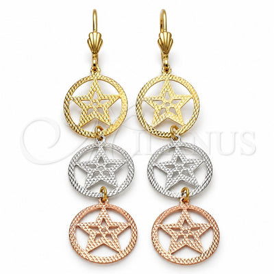 Oro Laminado Long Earring, Gold Filled Style Star Design, Diamond Cutting Finish, Tricolor, 5.115.013