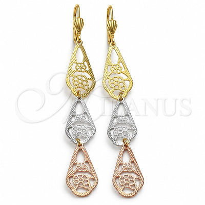Oro Laminado Long Earring, Gold Filled Style Flower Design, Diamond Cutting Finish, Tricolor, 5.082.004
