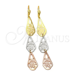 Oro Laminado Long Earring, Gold Filled Style Flower Design, Diamond Cutting Finish, Tricolor, 5.082.004