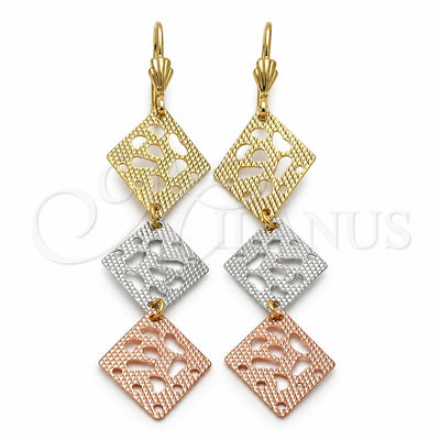 Oro Laminado Long Earring, Gold Filled Style Flower Design, Diamond Cutting Finish, Tricolor, 5.095.015