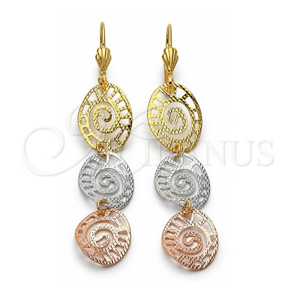 Oro Laminado Long Earring, Gold Filled Style Greek Key Design, Diamond Cutting Finish, Tricolor, 5.092.005