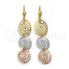 Oro Laminado Long Earring, Gold Filled Style Greek Key Design, Diamond Cutting Finish, Tricolor, 5.092.005