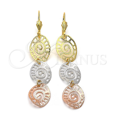 Oro Laminado Long Earring, Gold Filled Style Greek Key Design, Diamond Cutting Finish, Tricolor, 5.092.005