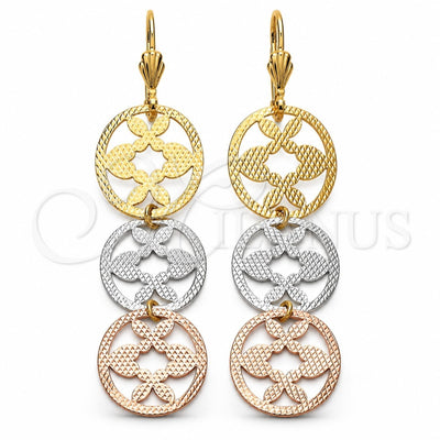 Oro Laminado Long Earring, Gold Filled Style Heart and Flower Design, Diamond Cutting Finish, Tricolor, 5.115.015
