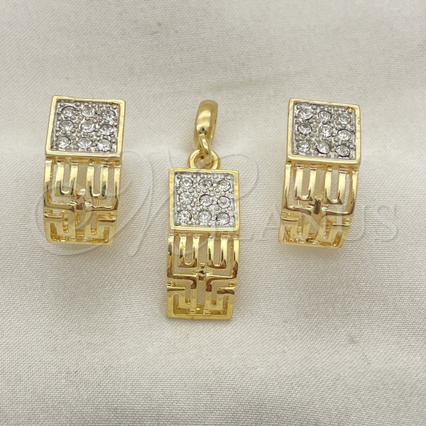 Oro Laminado Earring and Pendant Adult Set, Gold Filled Style Greek Key Design, with White Crystal, Polished, Two Tone, 10.59.0067