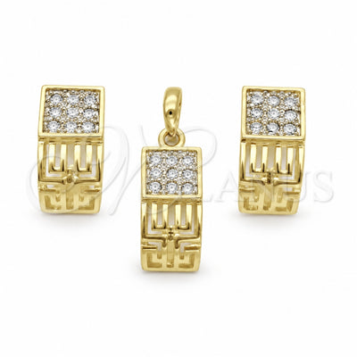 Oro Laminado Earring and Pendant Adult Set, Gold Filled Style Greek Key Design, with White Crystal, Polished for wholesale, main product view