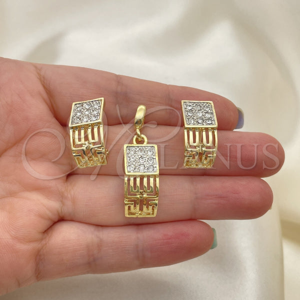 Oro Laminado Earring and Pendant Adult Set, Gold Filled Style Greek Key Design, with White Crystal, Polished, Two Tone, 10.59.0067