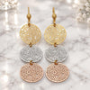 Oro Laminado Long Earring, Gold Filled Style Flower Design, Diamond Cutting Finish, Tricolor, 5.082.013