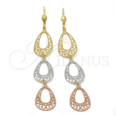 Oro Laminado Long Earring, Gold Filled Style Teardrop and Heart Design, Matte Finish, Tricolor, 5.065.001 for wholesale, main product view