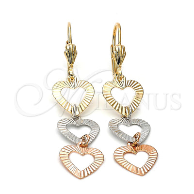 Oro Laminado Long Earring, Gold Filled Style Heart Design, Diamond Cutting Finish, Tricolor, 5.068.013 for wholesale, main product view