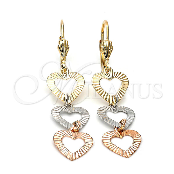 Oro Laminado Long Earring, Gold Filled Style Heart Design, Diamond Cutting Finish, Tricolor, 5.068.013