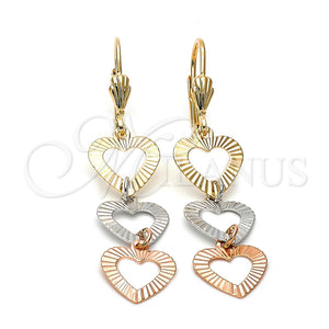 Oro Laminado Long Earring, Gold Filled Style Heart Design, Diamond Cutting Finish, Tricolor, 5.068.013