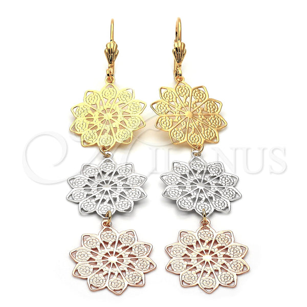 Oro Laminado Long Earring, Gold Filled Style Flower Design, Diamond Cutting Finish, Tricolor, 5.106.003