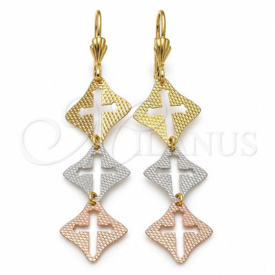 Oro Laminado Long Earring, Gold Filled Style Cross Design, Diamond Cutting Finish, Tricolor, 5.066.009