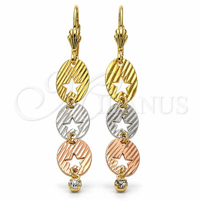 Oro Laminado Long Earring, Gold Filled Style Star Design, with White Cubic Zirconia, Diamond Cutting Finish, Tricolor, 5.091.001