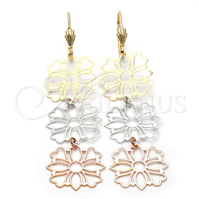 Oro Laminado Long Earring, Gold Filled Style Flower and Heart Design, Polished, Tricolor, 5.085.004 for wholesale, main product view