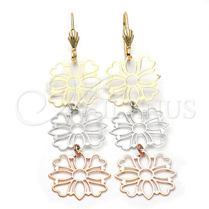 Oro Laminado Long Earring, Gold Filled Style Flower and Heart Design, Polished, Tricolor, 5.085.004
