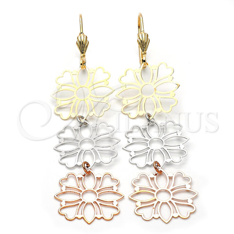Oro Laminado Long Earring, Gold Filled Style Flower and Heart Design, Polished, Tricolor, 5.085.004