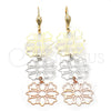 Oro Laminado Long Earring, Gold Filled Style Flower and Heart Design, Polished, Tricolor, 5.085.004