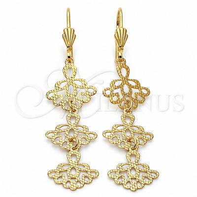 Oro Laminado Long Earring, Gold Filled Style Flower Design, Diamond Cutting Finish, Tricolor, 5.084.001