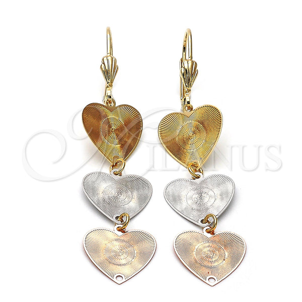 Oro Laminado Long Earring, Gold Filled Style Heart Design, Diamond Cutting Finish, Tricolor, 5.117.016