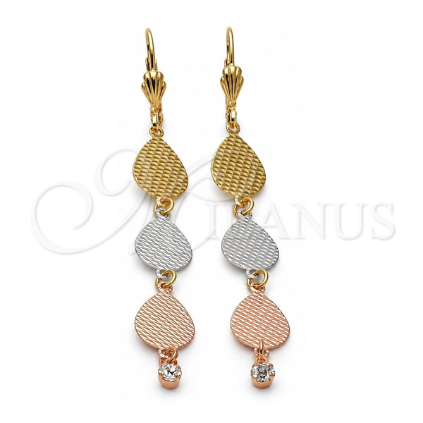 Oro Laminado Long Earring, Gold Filled Style Teardrop Design, with White Cubic Zirconia, Diamond Cutting Finish, Tricolor, 5.074.001