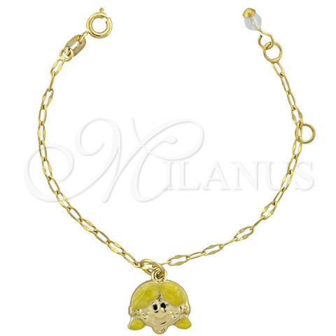 Oro Laminado Charm Bracelet, Gold Filled Style Little Girl and Little Girl Design, with White Crystal, Yellow Enamel Finish, Golden Finish, 03.16.0009 (6 Inches Length)